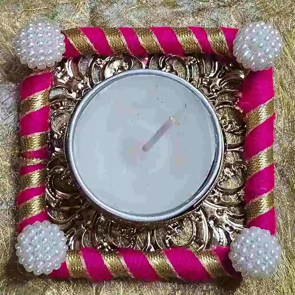 Pearl embellished square T light holder for Diwali